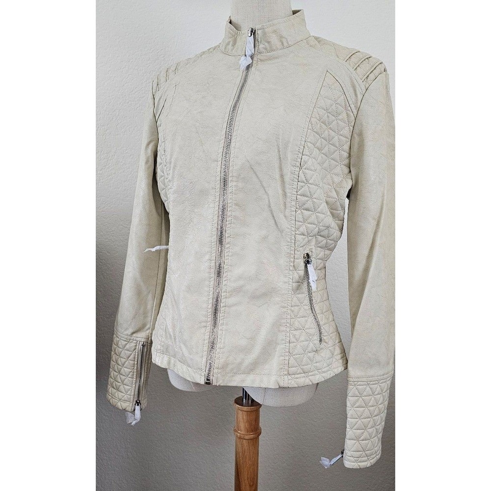 Lulus Vegan Leather Moto Jacket Large Beige